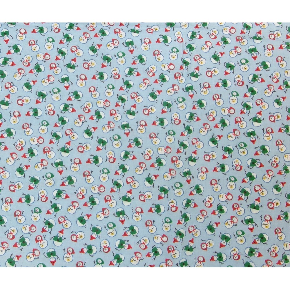 Light Blue Christmas Tiny Snowman Cotton Fabric Holiday Winter Print 2 Yards